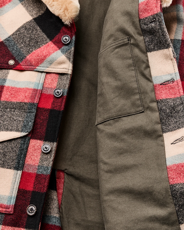 Filson Lined Wool Packer Coat in Red/Cream/Blue Plaid