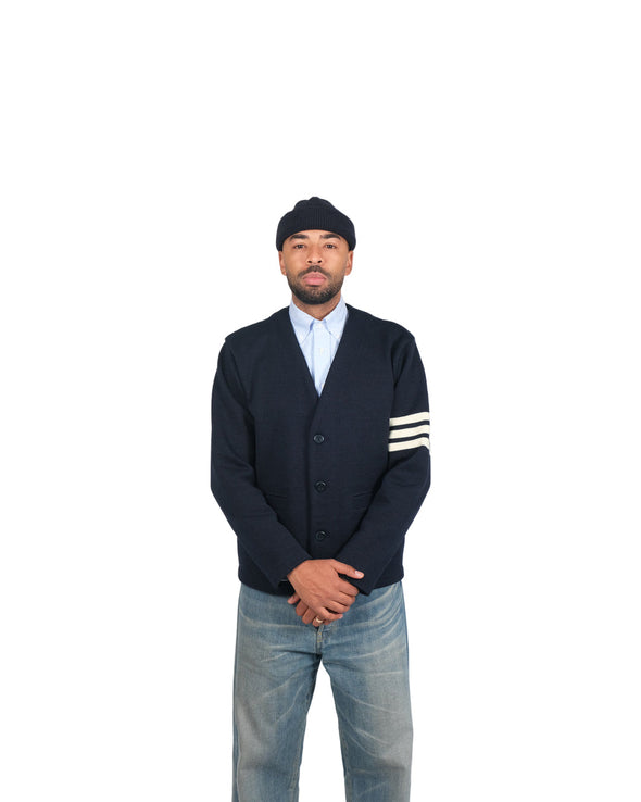 Dehen 1920 Slouchy Varsity Cardigan in Dark Navy / Off White