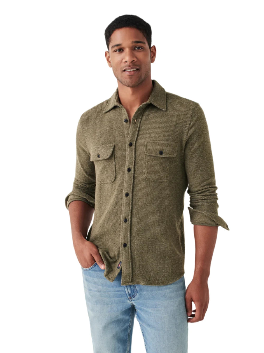 Faherty Legend Sweater Shirt in Olive Melange Twill