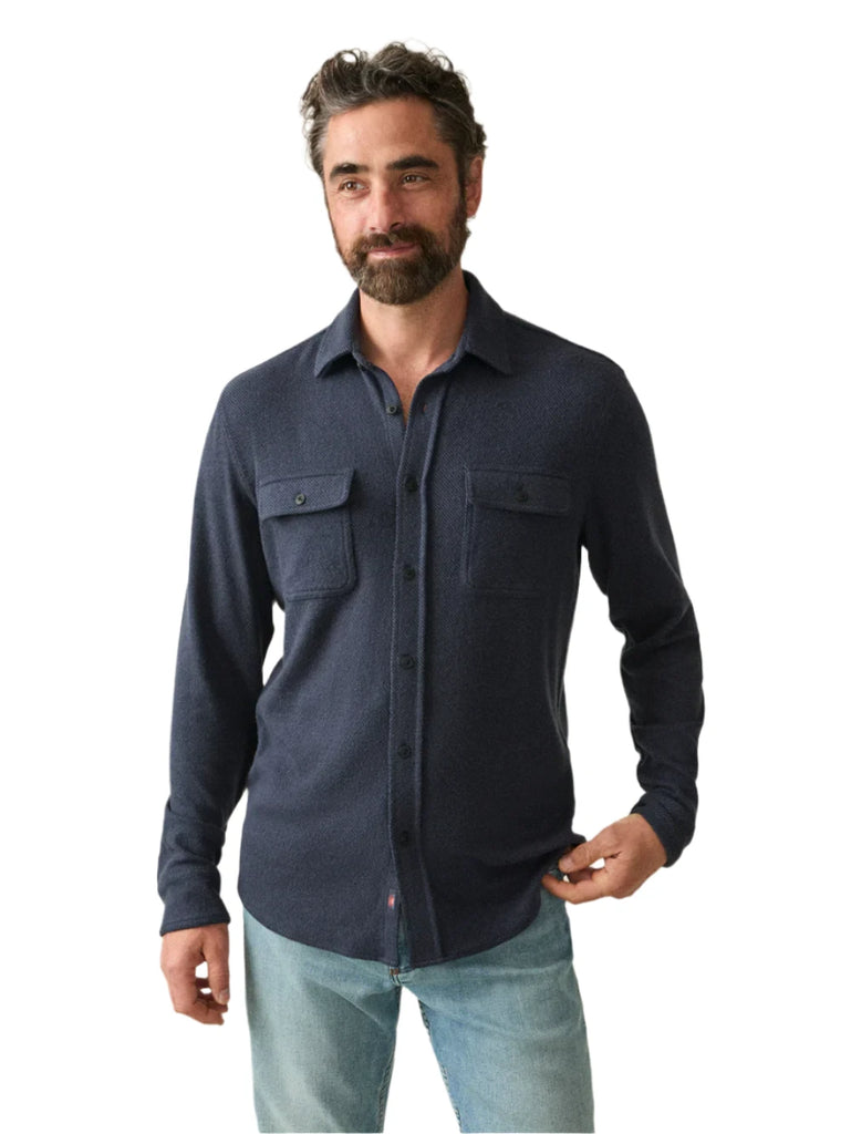 fitted lace wedding dress Faherty Legend Sweater Shirt in Brighton Navy Twill