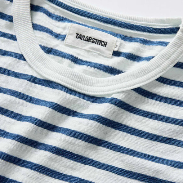 Taylor Stitch LS Tee in Vintage White Stripe Indigo