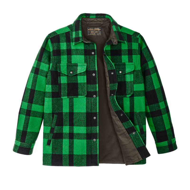 Filson Lined Mackinaw Wool Jac-Shirt in Acid Green/Black Heritage Plai Filson Lined Mackinaw Wool Jac-Shirt in Acid Green/Black Heritage Plai