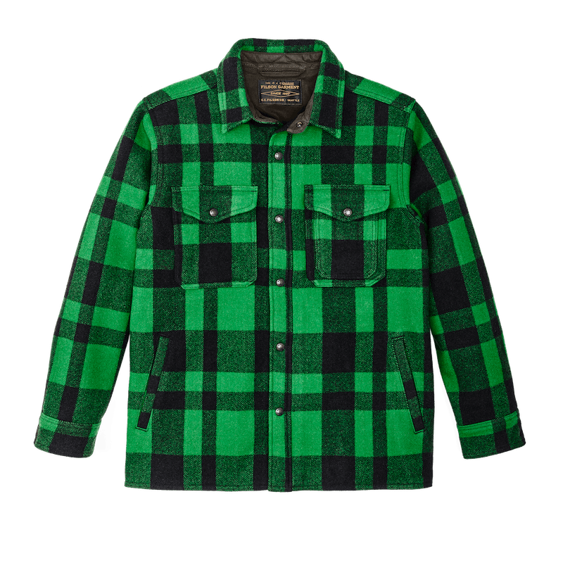 Filson Lined Mackinaw Wool Jac-Shirt in Acid Green/Black Heritage Plai Filson Lined Mackinaw Wool Jac-Shirt in Acid Green/Black Heritage Plai