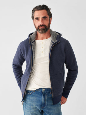 Faherty High Pile Fleece Zip Hoodie in Navy Melange